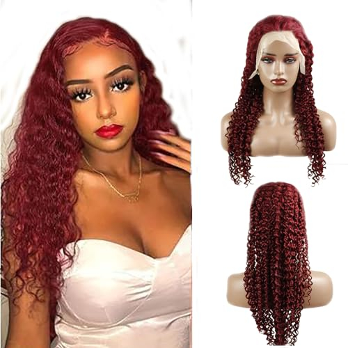 Hxxcoup Perücke Damen Echthaar Perücke Burgundy 13x1 Lace Wig Human Hair Wig Curly Wave Wig Rote Haare Perücken für Unprocessed Brasilianisches Remy Hair Transparent Swiss Lace 20 Zoll