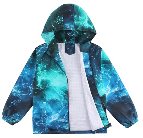 LACOFIA Veste Imperméable Enfant Garçon Veste Coupe Vent à Capuche Blouson de Pluie Léger Doublé de Maille pour Enfant Vague Bleu 9-10 ans