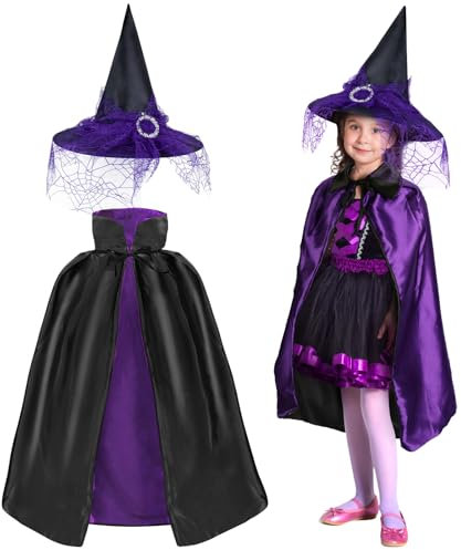 Landifor 2 Stück Hexenkostüm Kinder Halloween Zauberer Kostüm Lila Zauberer Umhang mit Hut Hexen Kinderkostüm Hexenhut für Halloweenparty Karneval Fasching Maskerade Hexennacht Cosplay Mädchen Junge