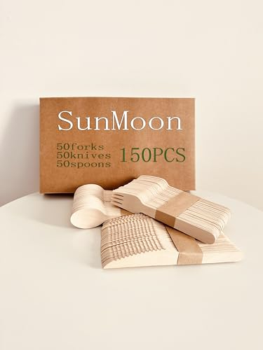 150 Pack Disposable Wooden Cutlery Set, Eco Friendly 50 Spoons 50 Forks 50 Knives, Plastic Free Packaging, Substitute for Plastic and Bamboo, Disposable for Parties, Travell