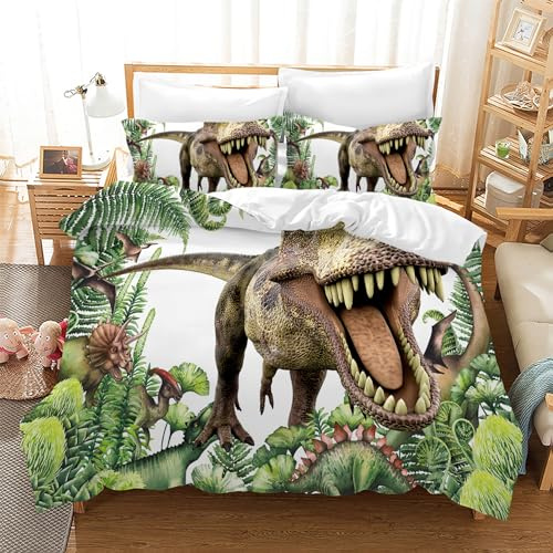 Leleyouzer Dino, set di biancheria da letto con dinosauro 3D, per ragazzi e bambini, in morbida microfibra, con chiusura lampo e 2 federe da 50 x 75 cm (Dino 5, 135 x 200 cm)