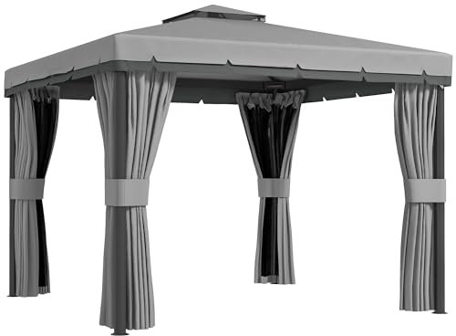 Outsunny 3 x 3(m) Patio Gazebo Canopy Garden Pavilion Tent Shelter Marquee with 2 Tier Water Repellent Roof, Mosquito Netting and Curtains, Aluminium Frame, Light Grey