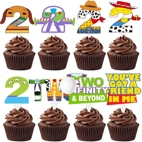 Cartoon Story 2nd Birthday Decorations 40ps Blue Sky and White Cloud Cow Birthday Cupcake Toppers for Boys Girls 2nd Bday Cartoon Story Party Supples Decor (2nd birthday)