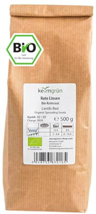 Keimgrün - Bio Rote Linsen Sprossen Samen - 500g Microgreen Rote Linsen Saatgut - Regelmäßig überprüfte Keimfähigkeit - Zum ergiebigen Anbau auf Erde oder im Sprossenglas