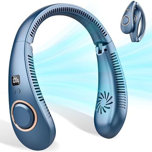 Ventilateur de Cou,Ventilateur Pliable Portable USB sans Pale Mini Ventilateurs de Bureau Silencieux,4000 mAh Collier Ventilateur Cou avec Affichage LED pour Voyage l'extérieur Camping Voiture Bleu