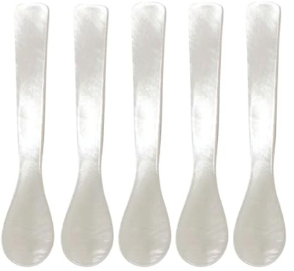 Lot de 5 Cuillères à Caviar Nacrées avec Manche Rond, Cuillère en Nacre Caviar 11cm Cuillères à Œufs Nacre de Rivière Cuillères à Café Durable Cuillères à Dessert Cuillère à Crème Glacée