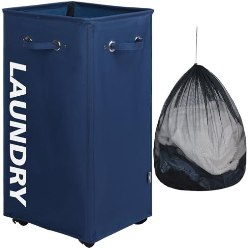 DOKEHOM 29-Inches X-Large Laundry Basket with Removable Wash Bag on Wheels, Collapsible Rolling Laundry Hamper, Foldable Clothes Organizer, Folding Washing Bin (Dark Blue)