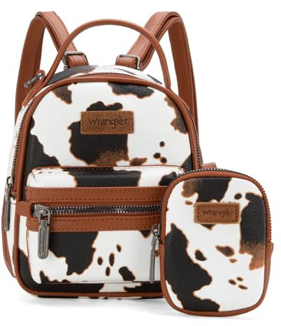 Montana West Wrangler Rucksack mit Kuh-Druck, niedlicher Tagesrucksack, große Büchertasche, Geldbörse für Damen, Allover Cow Print Brown Mini