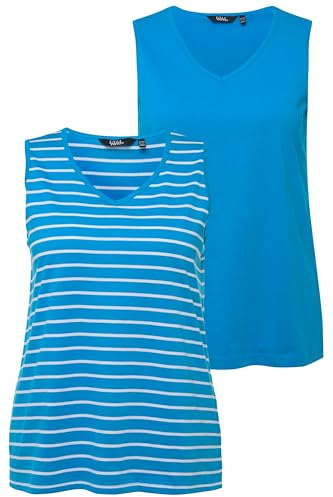 Ulla Popken Damen große Größen Übergrößen Plus Size Top, 2er-Pack, Ringel/Uni, V-Ausschnitt, ärmellos türkis 58+ 792183750-58+