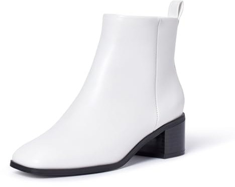 GENSHUO Stivaletti da donna 5 cm Tacco basso a punta Punta quadrata Cerniera laterale Moda Comodi stivali Chelsea Bianco 38 EU