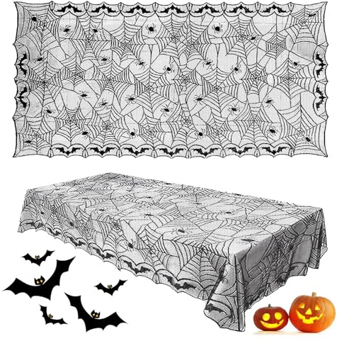 XIMEY Halloween Tischdecke, Tischdecke Spitze Schwarz, Halloween Tischdecke Spitze Deko, Schloss Horror Tischtuch, Tischdecke mit Spukhaus Dekoration Halloween Party-Dekoration (Fledermaus)