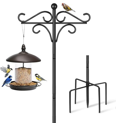 Bird Feeder Poles and Hangers, 157cm Bird Feeding Hanging Stations for Garden Feeders Stand with 2 Metal Hook, Free Standing Heavy Duty Shepherd Crook for Outdoor Light Lantern Plant, Black, 1 Pack