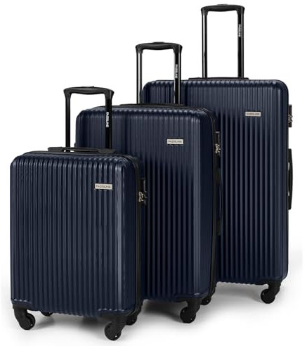 FASSLINE Kofferset 3 stück, Trolley Set Handgepäck und Reisegepäck, Kabinenkoffer, Mittel und Großer Koffer Hartschale aus ABS, Vier 360°-Spinner-Rollen, Zahlenschloss, Teleskopgriff, Dunkelblau