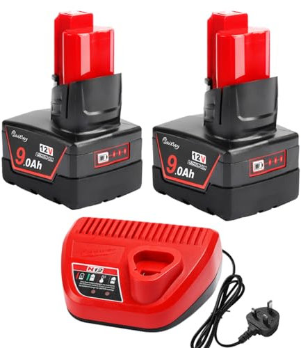 QUPERR M12 Set Combination 2PCS 12V 9A Compatible with Lithium-ion Milwaukee Battery M12B6 and a M12 Charger suitable for Power tools XC48-11-2401 48-59-1812, 48-11-0140, 48-11-0141, 48-11-0200
