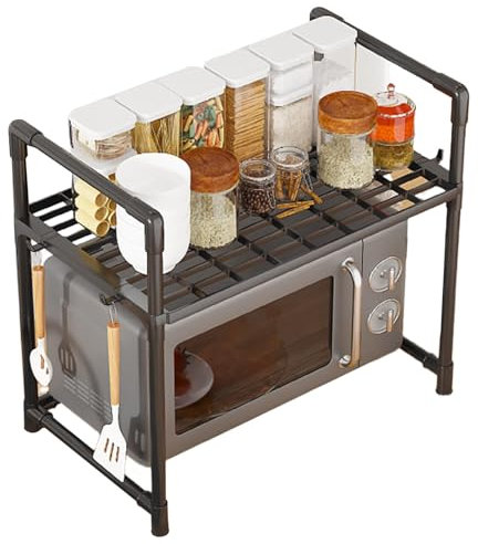 Yiohejy Estante expandible de 2 niveles para horno microondas, estante para microondas, soporte de microondas para encimera que ahorra espacio, estante de almacenamiento ajustable resistente con