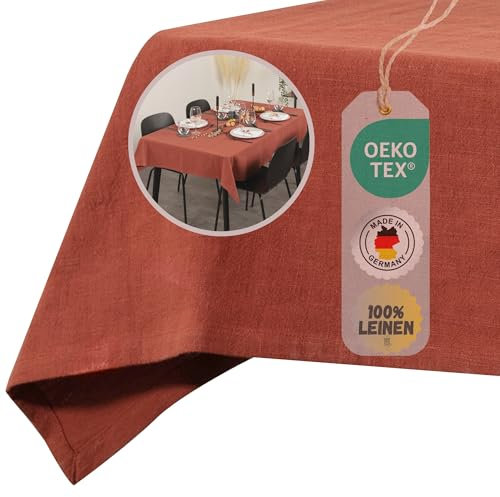chambry Tischdecke 100% Leinen Stonewashed – Handarbeit Made in Germany – Größe und Farbe wählbar – hochwertige und nachhaltige Tischwäsche aus Naturmaterial - Terra Cotta 120cm x 220cm