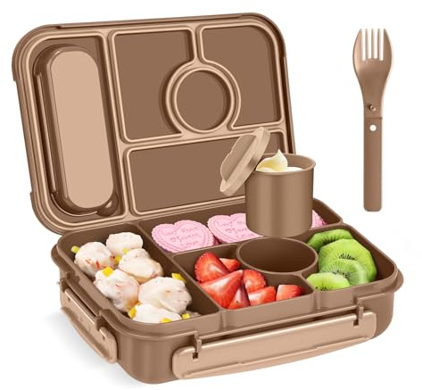 Amathley Bento Box Adult Lunch Box,Leakproof Lunch Box Kids with 1300ML-5 Compartments,Bento Box with Sauce Vontainers,Microwave & Dishwasher & Freezer (Brown)