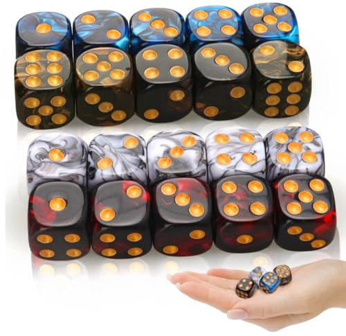Cheynn 20 Stück Würfel Set, 16mm Bunt Würfelset 4 Farben D6 Acryl Dice Set Polyedrische Würfel Zweifarbige Spielwürfel mit Goldpips Farbwürfel für Rollenspiele Würfelspiele DND RPG Tischspiele