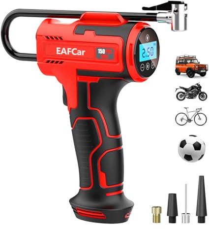 EAFCSZ Car Tyre Inflator Air Compressor, Portable Cordless Tyre Pump, 150psi Handheld Car Tyre Pump with LED Light, USB Rechargeable Battery, 3 Nozzle for Car, Motorcycle, Bike, Ball