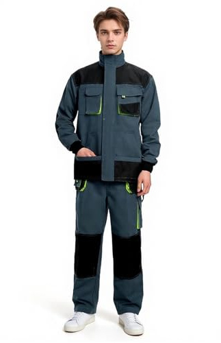 Maizoon Multifunktionaler Arbeitsanzug für Herren, langärmelig, Arbeitsjacke, winddichter Mantel und Hose mit mehreren Taschen, für Mechaniker, Lager, Garagen, Grün Grau, L