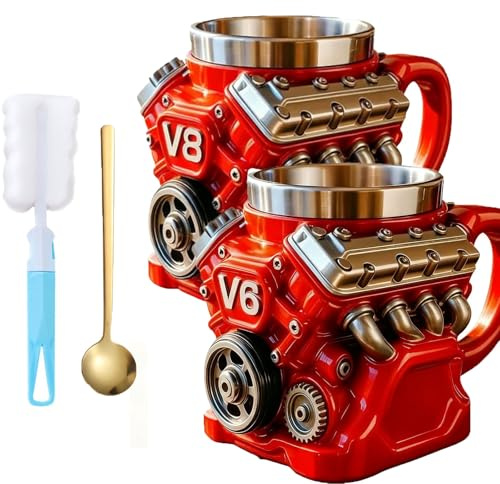 Taza de café con motor retro V8 y V6, taza de acero inoxidable con motores V8, taza de coche con aislamiento de doble pared con asa, taza de café personalizada retro punk para ingenieros (2pcs)