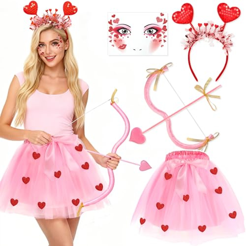 Beipegin Amor Kostüm Damen Tüllrock Herz Haarreif Herzen Amor Pfeil und Bogen Cupid Herz Kostüm für Valentinstag Karneval Cosplay