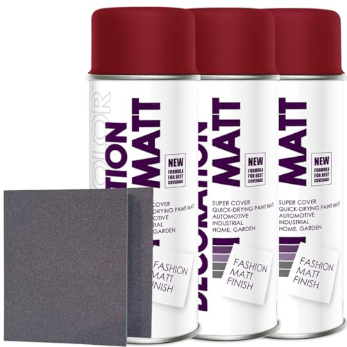 Craft-Equip DC 3er Sparpack Lackspray nach RAL in 400ml zur Lackierung von Auto Stahl Aluminium Beton Holz und 2 Stück Schleifpads (3 Dosen in weinrot MATT RAL 3005 + 2 Stück Schleifschwamm)