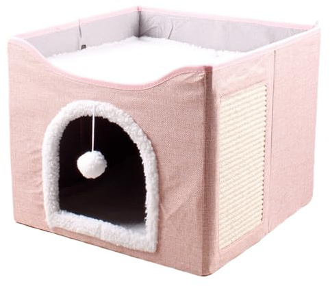 Große Katzenhöhle, Katzenbetten für Indoor-Katzen, großes Katzenbett, zusammenklappbar, niedliche Schlaf-Eigentumswohnung, aus weichem Eimer, mit luxuriösem Ball und Ras-Pad