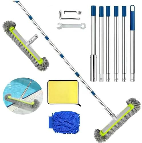Poolbürste mit Stiel 230cm, Pool Reinigung Bürste 45cm, Poolbesen mit Längenverstellbarer Edelstahlstange, Pool Cleaning Brush mit Teleskopstange, Pool Bürsten Set für Pool Reinigung
