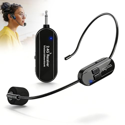 BORDEAG Wireless Mikrofon Headset, 2.4G Kabelloses Mikrofon Headset, Funkmikrofon Headset, Kopfbügelmikrofon, Wiederaufladbares Drahtloses Mikrofon für professionelle Meetings, Schwarz