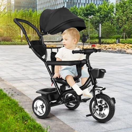 Dreirad 4 in 1 Aveo, Kinderdreirad, Jogger mit Zubehör, Klappbar, Dachfenster, Lenker, Unplattbar-Räder, Gummiräder, ab 9 Monate bis 5 Jahre, Zubehör (Schwarz-4 in 1)