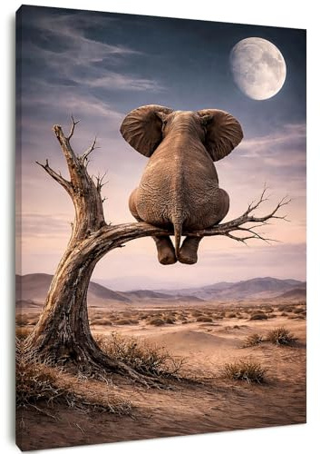 Alptiny Leinwandbild mit Rahmen 30x40 cm, Elefant Wandbild mit Mond und Wüstenlandschaft, Tier Wanddeko für Wohnzimmer Schlafzimmer Flur Büro, Bilder mit Rahmen mit Klettband und vormontierten Haken