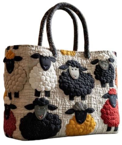 ykgsdkl Generisch Tragetasche mit Schaf, Handgefertigt Schaf Tasche, Schäfchen Tasche, Lustige Schafmotiv Stickerei Gesteppte Einkaufstasche für Tierliebhaber, Gepolstertem Griff