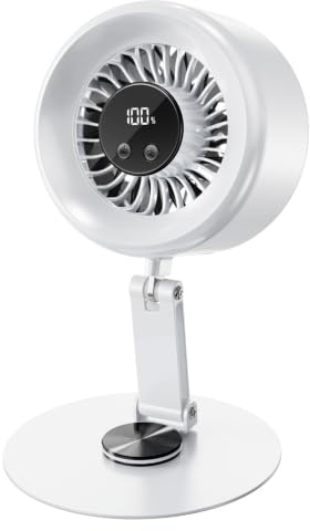 USB Desk Fan, Quiet Rechargeable Fan with 5 Speeds, LED Digital Display | Quiet Powerful Cooling Fan for Bedroom & Office, Strong Turbo Airflow, Wireless Air Circulator Table Fan, 360° Rotating,White