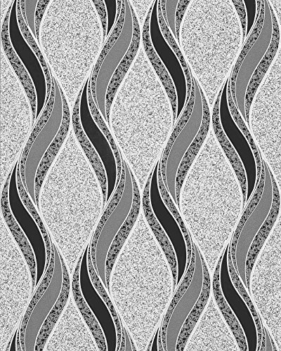 Grafische Tapete EDEM 1025-16 Buntsteinputz geschwungene Linien mit Ornamenten hellgrau schwarz silber