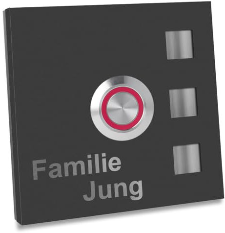 Jung-Edelstahl-Design Türklingel mit Gravur anthrazit Ral7016 pulverbeschichtet. Haustürklingel 70x70 mm Klingel Taster Led rot Klingelplatte Köln