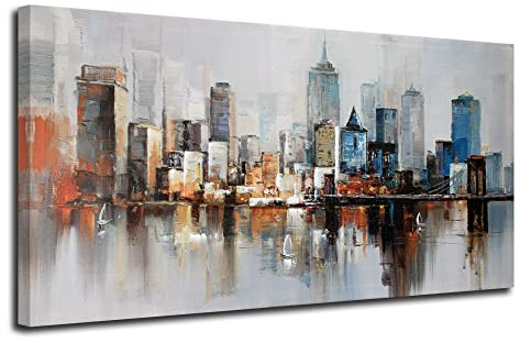 Arjun Brooklyn Bridge Wandkunst Modern New York City Abstrakte Leinwand Stadtbild Gemälde Groß Gerahmt, Bunte NYC Skyline Strukturiertes Bild für Wohnzimmer Schlafzimmer Home Office Wanddekoration,