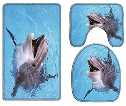 A.Monamour Badezimmer Badematte 3 Teilig Set Lächelnd Delfin Baby Schwimmen Im Blauen Wasser Toilettendeckel Deckt Bad Matte Teppich Flanell Saugfähig Badteppiche Badvorleger Badgarnitur WC Vorleger