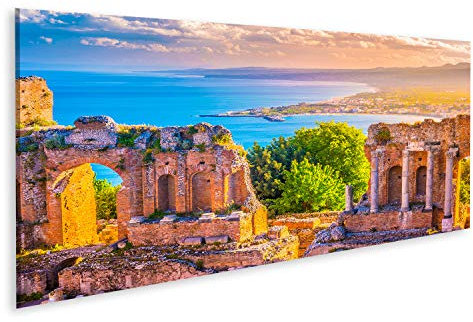 bilderfelix® Bild auf Leinwand Die Ruinen des Taormina Theaters bei Sonnenuntergang. Schönes Reisefoto, buntes Bild von Sizilien. Wandbild Poster Leinwandbild UNB