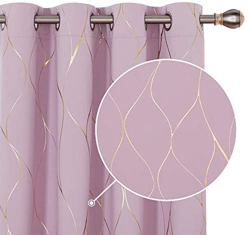 Deconovo Blackout Curtains, Eyelet Curtains, Thermal InsulatedGold Wave Foil Printed for Kids Bedroom, 46 x 72 Inch (Width x Length), Baby Pink, One Pair
