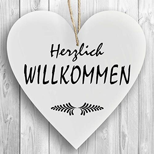 Herzschild Holzherz Holzschild 16 x 16 cm Herzlich Willkommen weiß Dekoschild Wandschild Schild Holz Geschenk