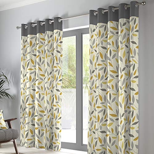 Fusion Grey & Ochre Leaf Curtains W46 x L54 (117x137cm) – 100% Cotton – 2 Panels – Eyelet – Grey & Yellow Floral Bedroom & Living Room Drapes – Beechwood Collection