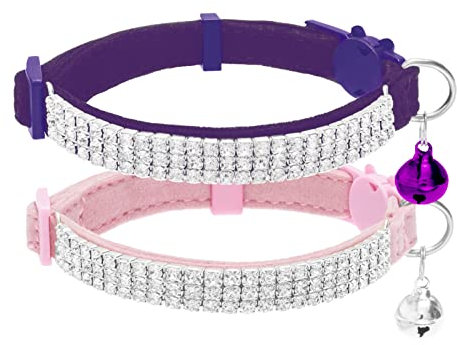 EXPAWLORER Katzenhalsband mit Sicherheitsverschluss, weiches Samtband selbstöffnend mit Glocke und Strass, sicher und verstellbar, idealer Halsband für Katzen & Kleine Hunde, 2 Stück
