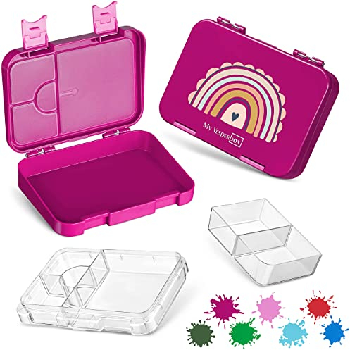 My Vesperbox – Len - Bento Box Kinder - Lunchbox mit 4+2 Fächern - extrem robust – Brotdose – Brotbox ideal für Kindergarten und Schule… (Lila - Regenbogen)