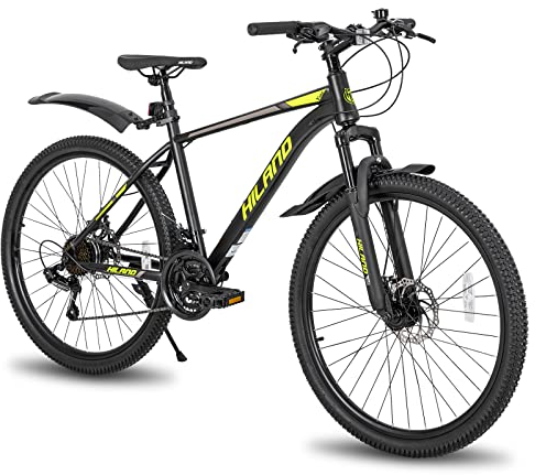 Hiland 26 Inch Mountain Bike, 21 Speed MTB Bicycle with High Carbon Steel Frame, Suspension Fork, Dual-Disc Brake, for Adult youth, Men Womens Bikes yellow black