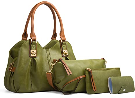 FANDARE Retro Damen-Henkeltaschen Weich-Leder Umhängetaschen Wasserdicht Handtasche 4-teiliges Set Schultertaschen für Reisen Einkaufen Arbeiten Verabreden Verwendet Grün