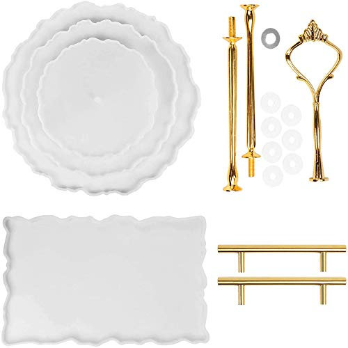 Midream 3 Stück Silikonformen Resin Silikonform Epoxidharz Formen DIY Handwerk Gießform mit 2/3 Stöckig Tortenständer Etageren Stangen und Glitzer, Untersetzer Formen für Ständern Kuchenteller