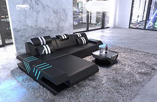 Ledersofa Venedig L Form Sofa Ecksofa in Leder - mit LED Beleuchtung, verstellbare Kopfstützen, Recamiere/Lederfarben wählbar/Ausrichtung wählbar (Ottomane Links, Schwarz-Weiß)