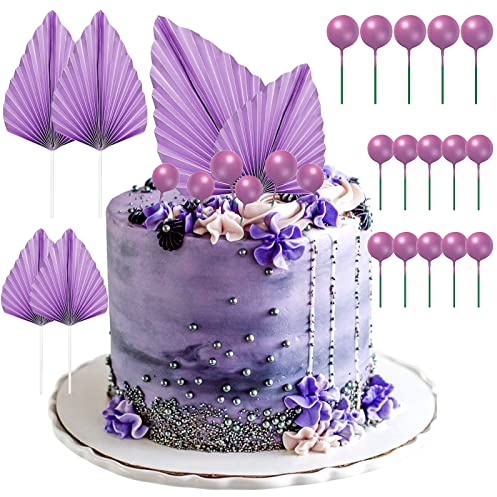 19Pcs Cake Decorations Sets, SPOKKI 4 Pack Paper Palm Cake & 15 Pcs Balloon Cake Topper Foam Ball Cake Picks Cupcake Faux Pearl Balls for DIY Birthday Party Wedding Gold Crown Cake topper (Purple)