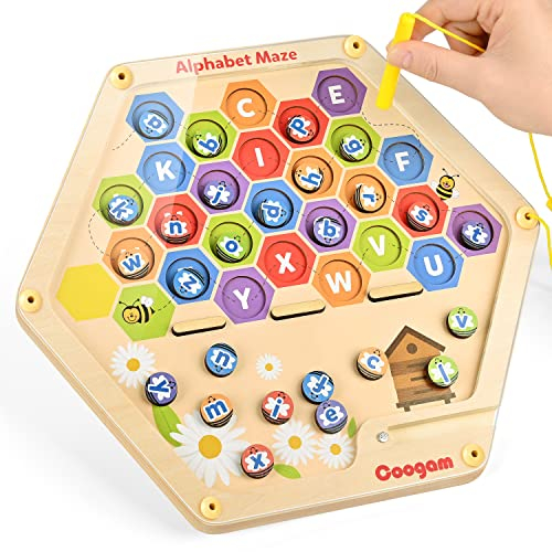 Coogam Magnetic Alphabet Maze Board Wooden ABC Letters Matching Puzzle Fine Motor Skills Educational Learning Toy Game for 3 4 5 Year Old Kids